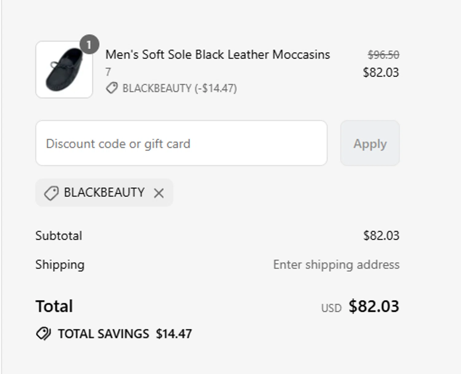 Leather-Moccasins promo code screenshot showing code BLACKBEAUTY applied at Leather-Moccasins checkout page. Uploaded by SimplyCodes community member manuelturizo on Jul 31, 2025