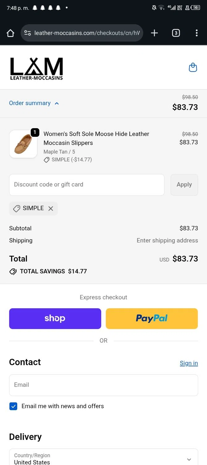 Leather-Moccasins promo code screenshot showing code SIMPLE applied at Leather-Moccasins checkout page. Uploaded by SimplyCodes community member Nickurtdale on Nov 1, 2025