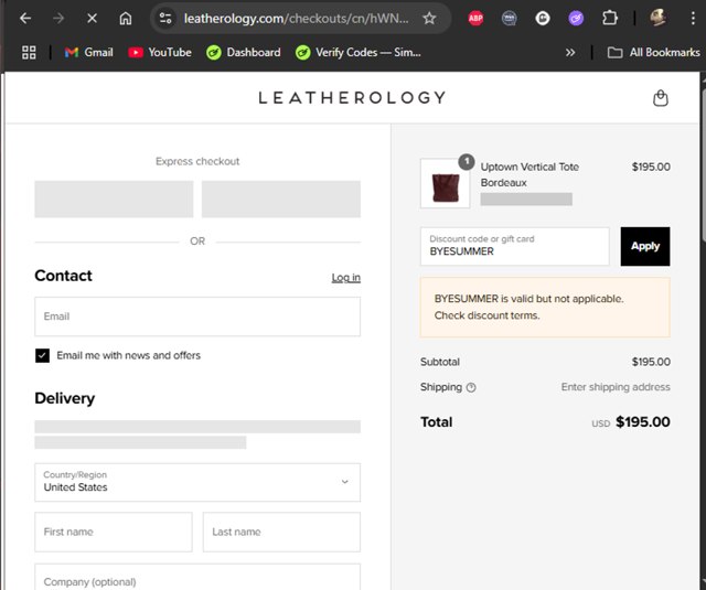Leatherology checkout page showing Leatherology discount code box | Screenshot taken by SimplyCodes community member on Aug 27, 2025