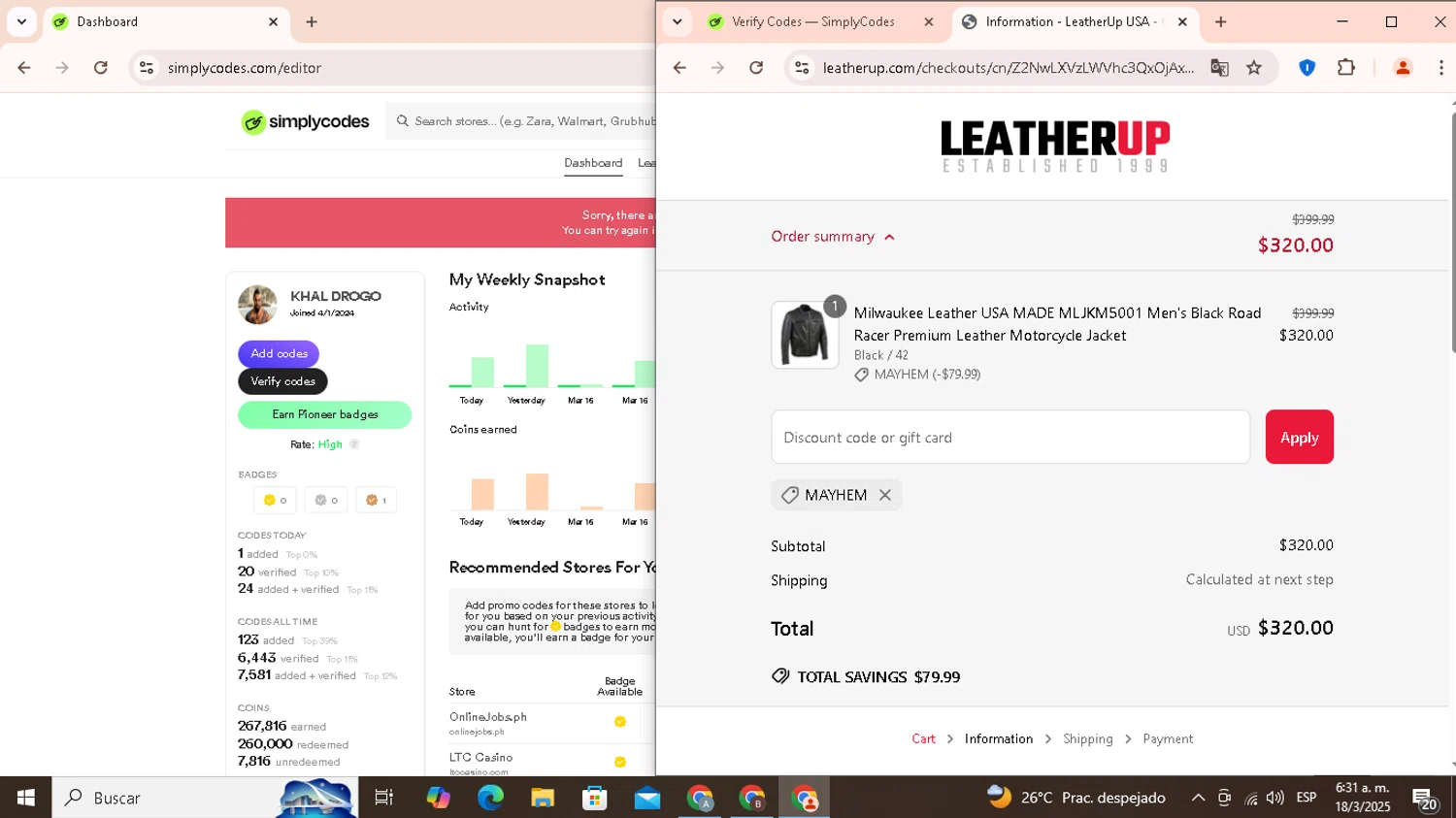 LeatherUp promo code screenshot showing code Mayhem applied at LeatherUp checkout page. Uploaded by SimplyCodes community member AHORROSNARANJA on Mar 18, 2025
