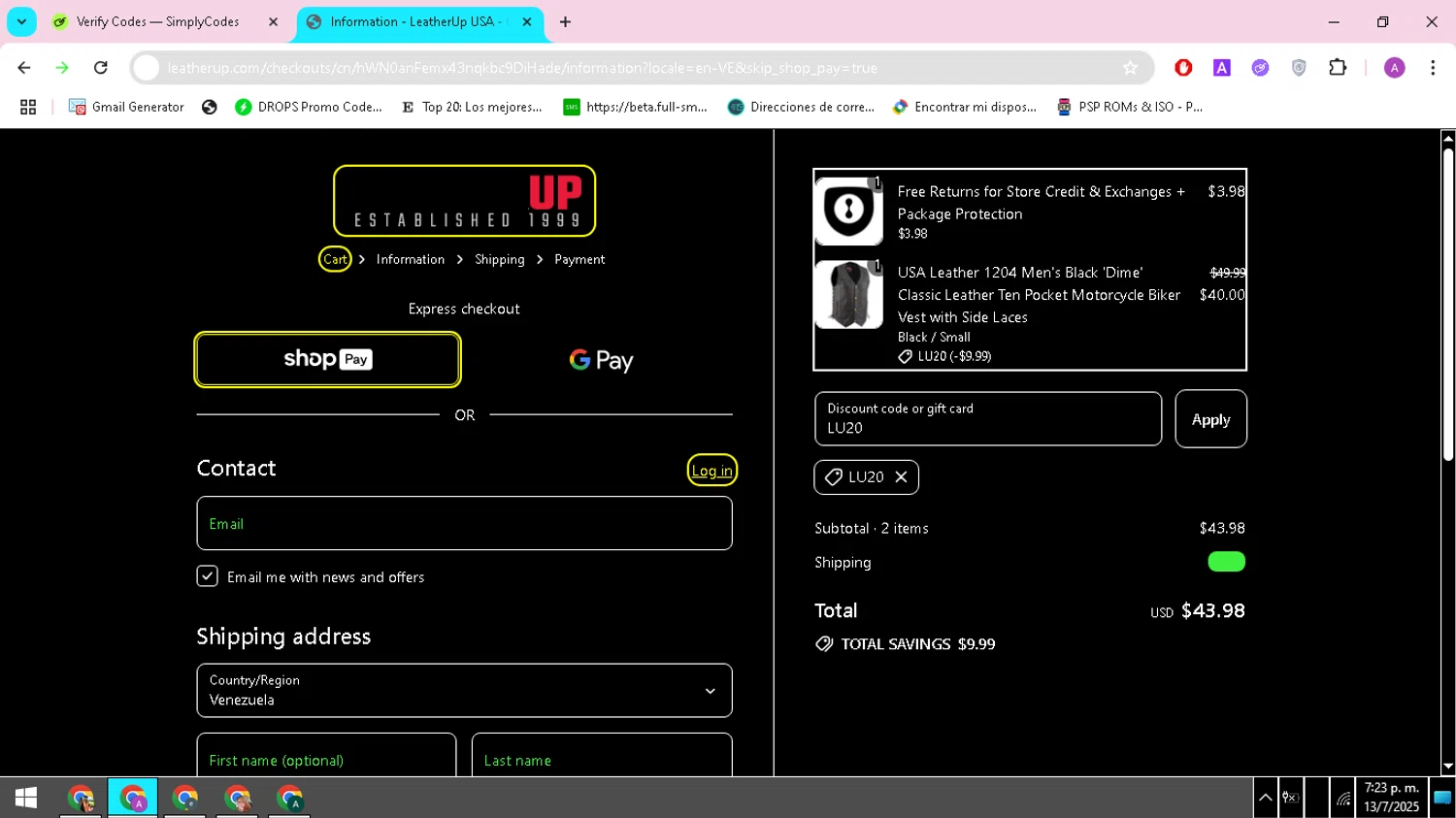 LeatherUp promo code screenshot showing code LU20 applied at LeatherUp checkout page. Uploaded by SimplyCodes community member ARCANGEL on Jul 13, 2025