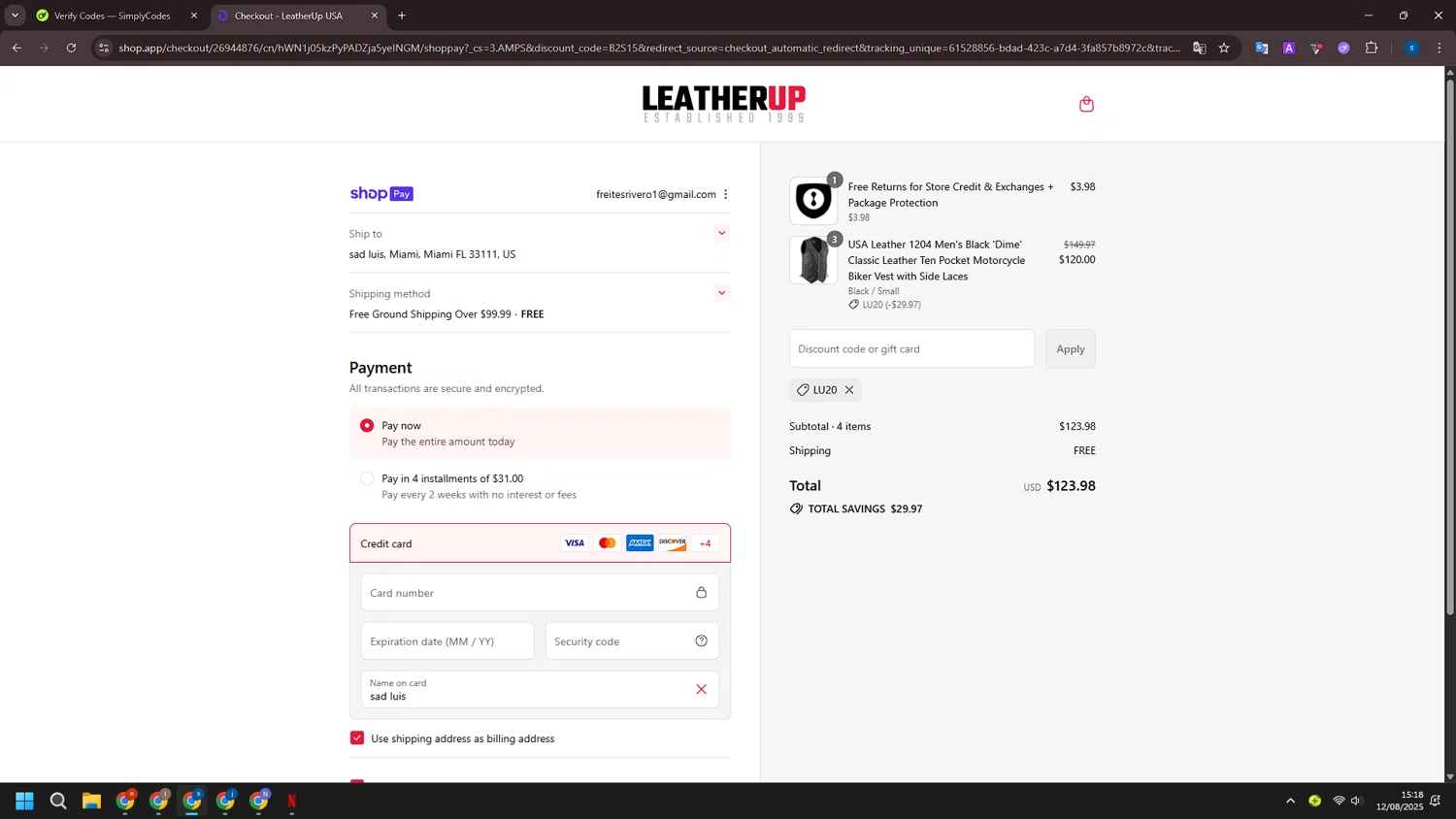 LeatherUp promo code screenshot showing code LU20 applied at LeatherUp checkout page. Uploaded by SimplyCodes community member ExtraordinarySleuth4345 on Aug 12, 2025