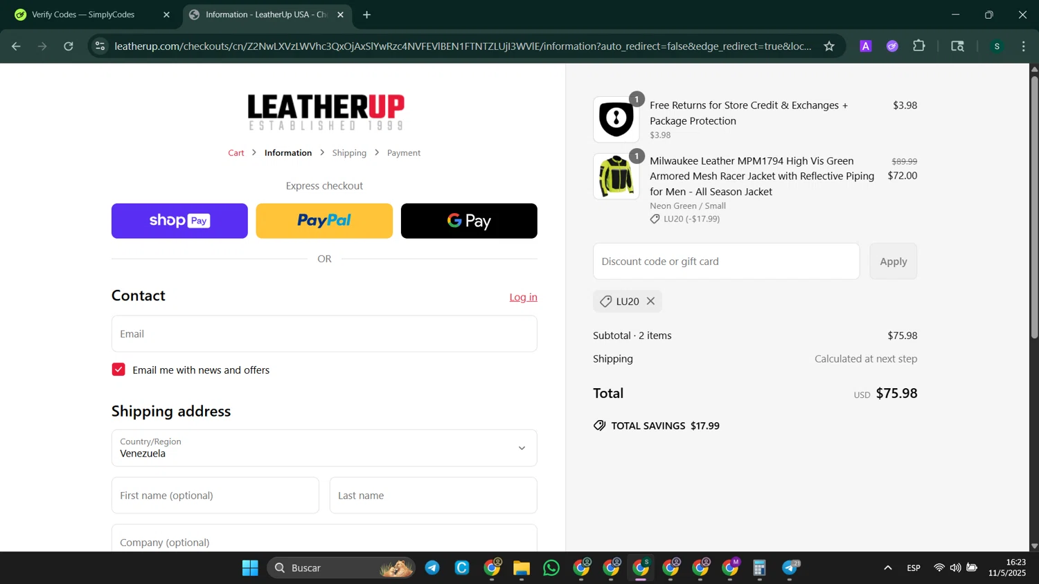 LeatherUp promo code screenshot showing code LU20 applied at LeatherUp checkout page. Uploaded by SimplyCodes community member SaleHunter9008 on May 11, 2025