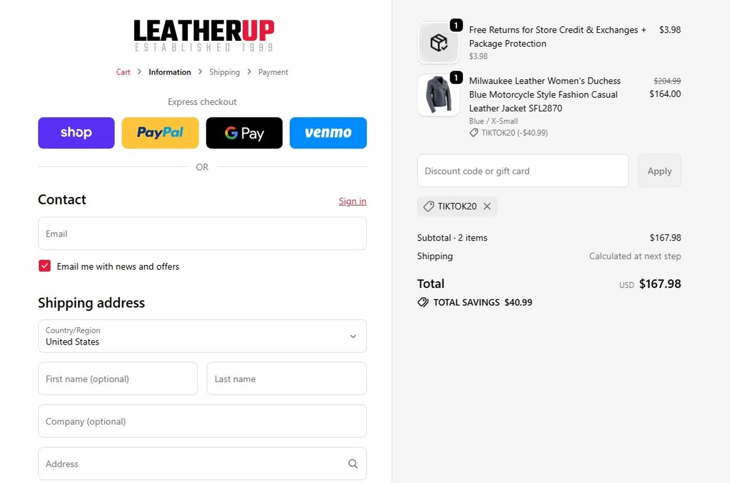 LeatherUp promo code screenshot showing code TIKTOK20 applied at LeatherUp checkout page. Uploaded by SimplyCodes community member criah256752 on Nov 27, 2025