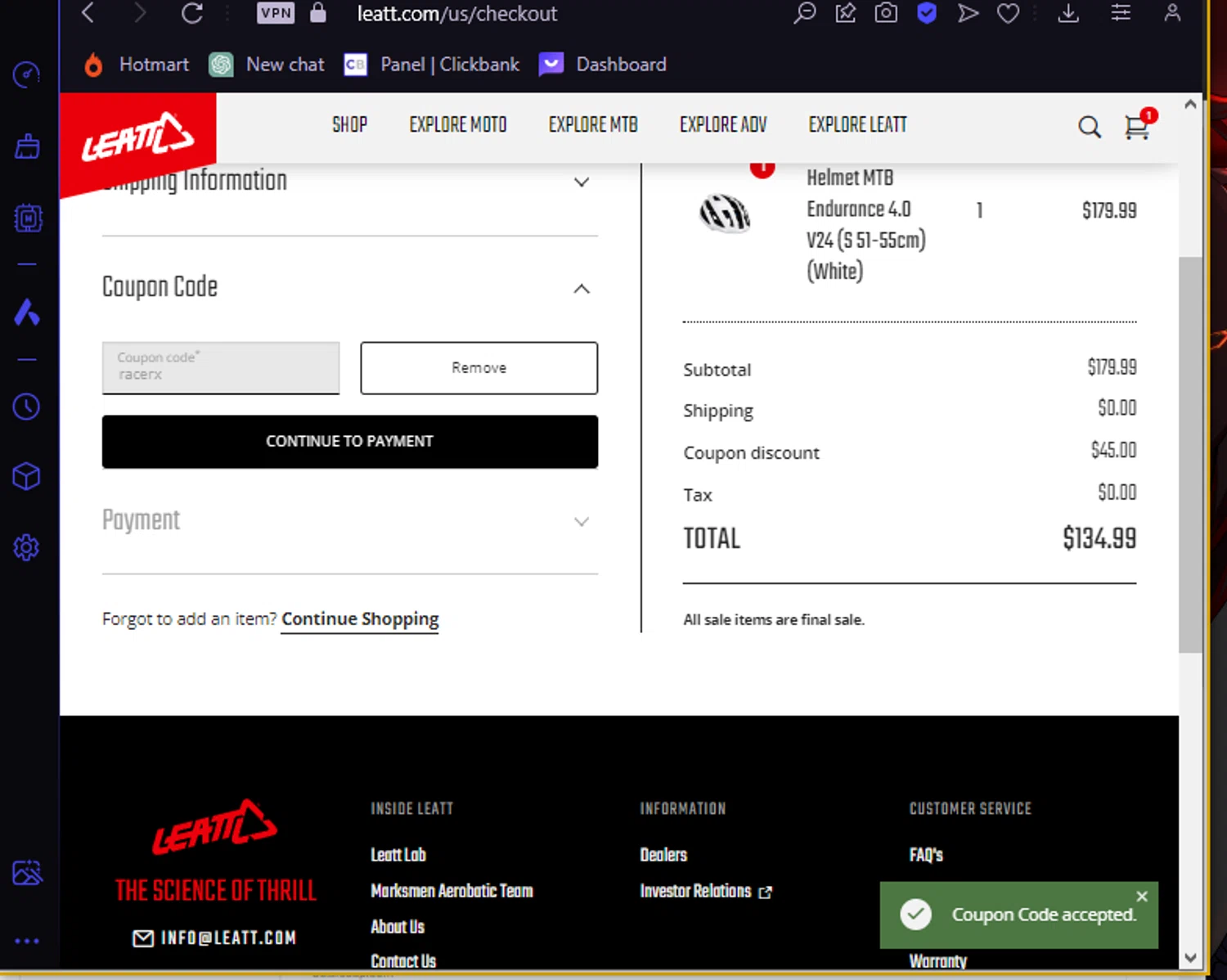 Leatt checkout page showing Leatt coupon code box | Screenshot taken by SimplyCodes community member on Nov 30, 2023