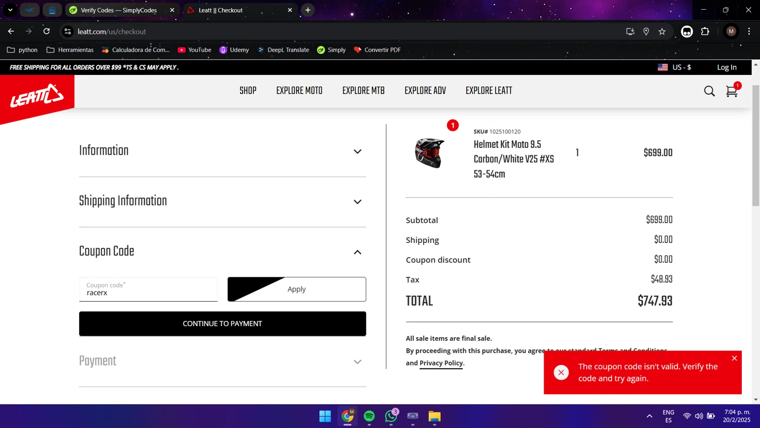 Leatt coupon code screenshot showing code racerx applied at Leatt checkout page. Uploaded by SimplyCodes community member Maocar on Feb 20, 2025