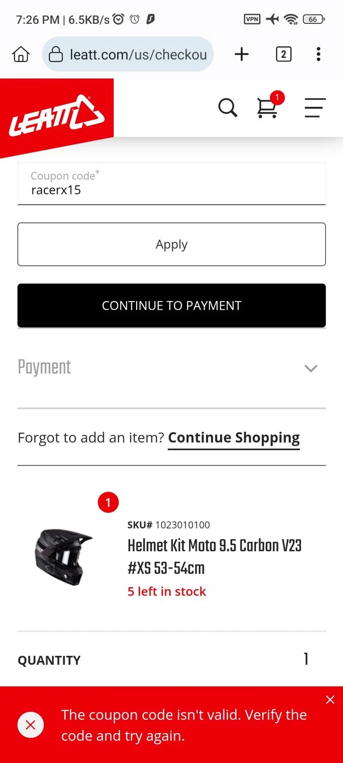 Leatt coupon code screenshot showing code racerx15 applied at Leatt checkout page. Uploaded by SimplyCodes community member _____________ on Feb 11, 2025