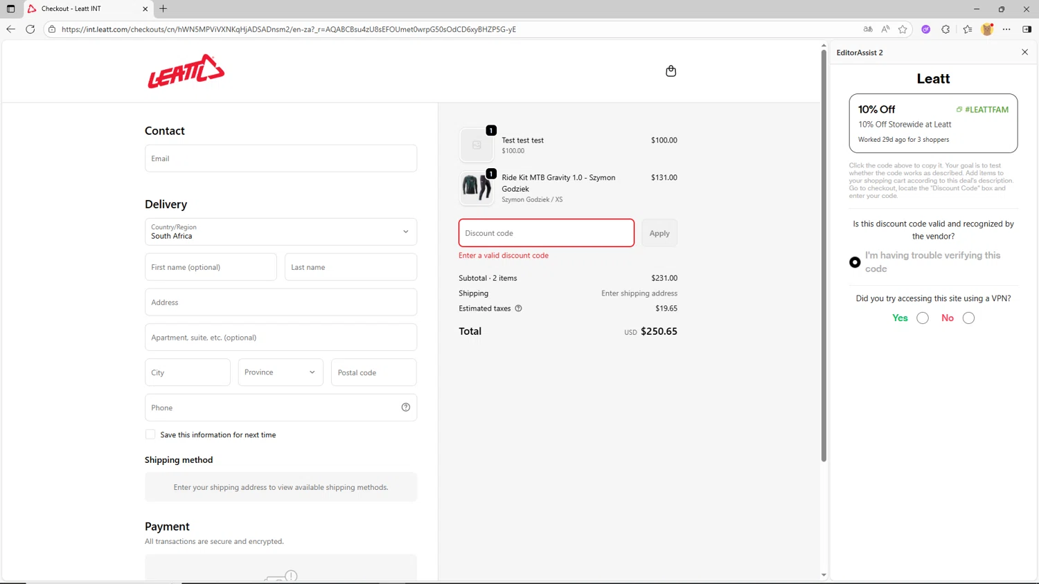 Leatt coupon code screenshot showing code #LEATTFAM applied at Leatt checkout page. Uploaded by SimplyCodes community member SwiftSleuth1271 on Nov 16, 2025