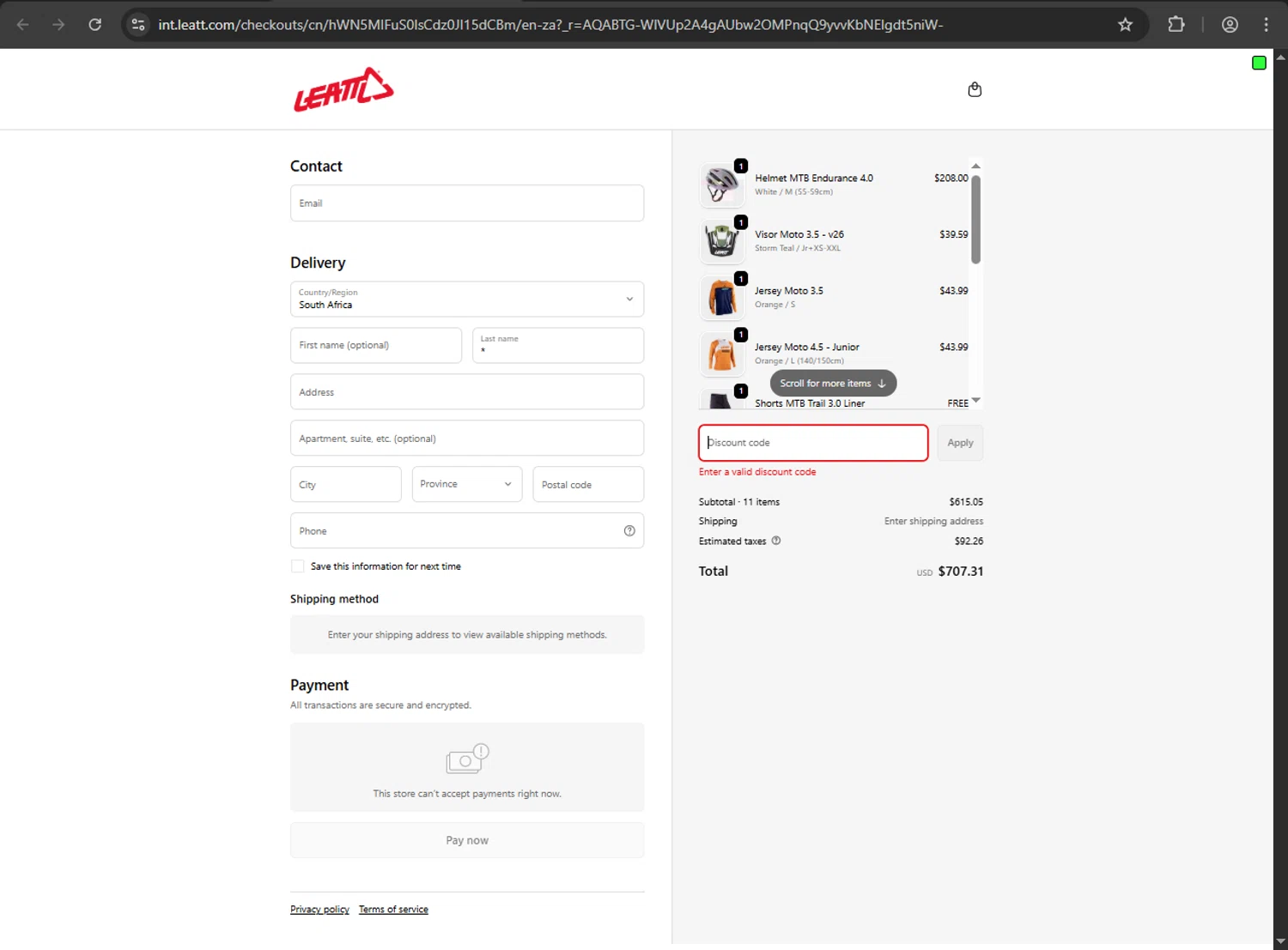Leatt coupon code screenshot showing code #LEATTFAM applied at Leatt checkout page. Uploaded by SimplyCodes community member kaiser2 on Nov 16, 2025