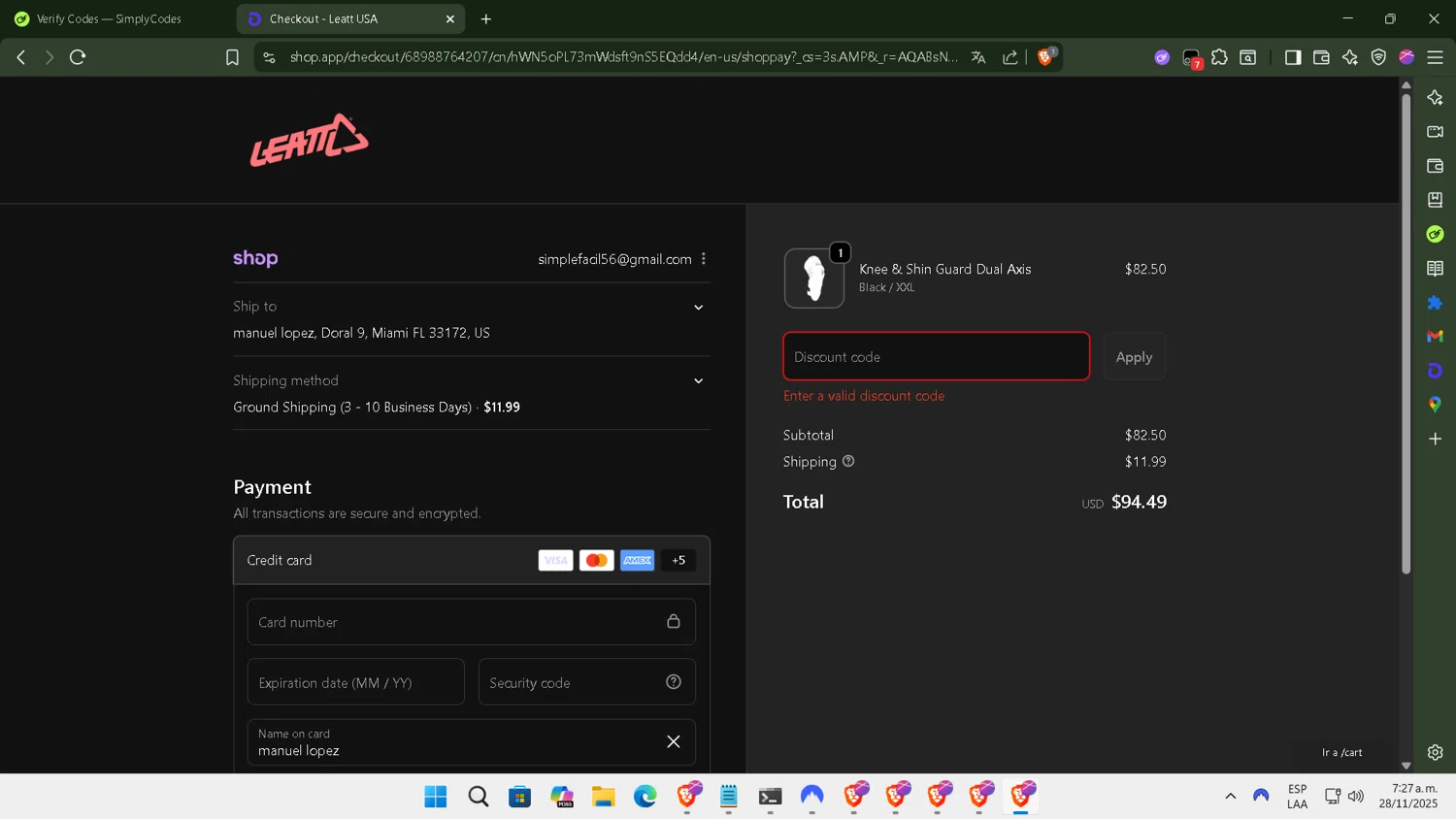 Leatt coupon code screenshot showing code spooky15 applied at Leatt checkout page. Uploaded by SimplyCodes community member ArtPOPO on Nov 28, 2025