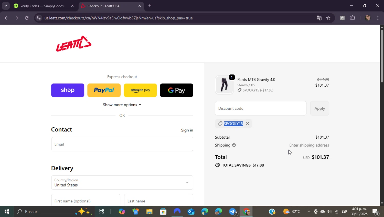 Leatt coupon code screenshot showing code spooky15 applied at Leatt checkout page. Uploaded by SimplyCodes community member ShieldEagle9436 on Oct 30, 2025