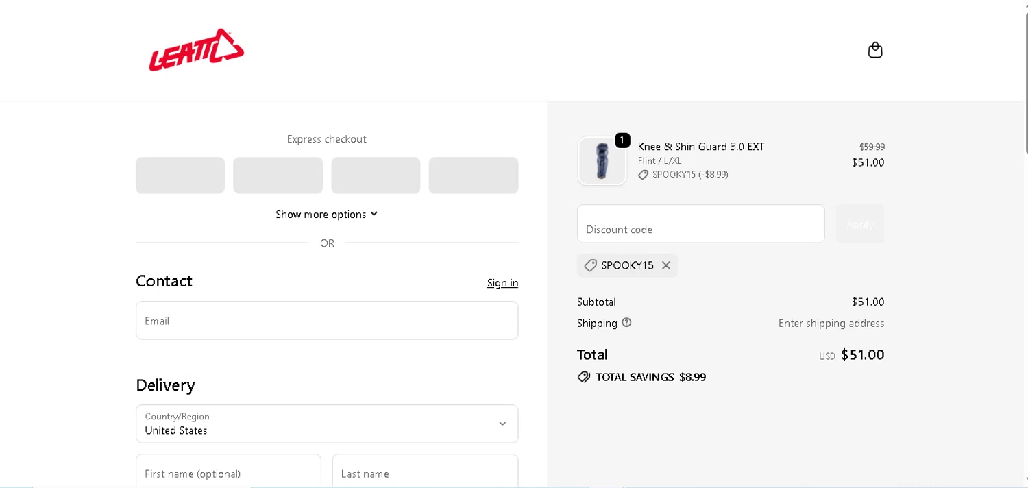 Leatt coupon code screenshot showing code spooky15 applied at Leatt checkout page. Uploaded by SimplyCodes community member shark12 on Oct 30, 2025
