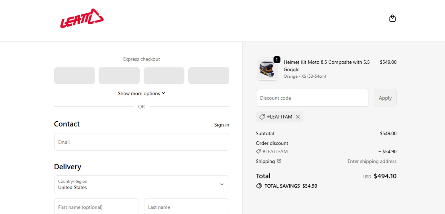 Leatt coupon code screenshot showing code #LEATTFAM applied at Leatt checkout page. Uploaded by SimplyCodes community member shark12 on Oct 18, 2025