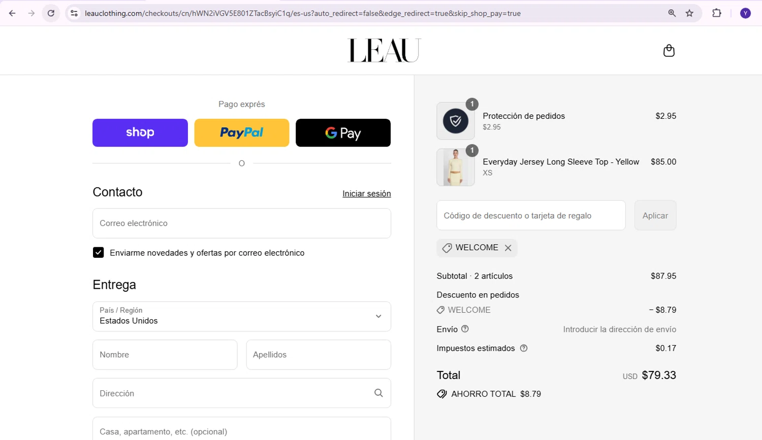 LEAU discount code screenshot showing code WELCOME applied at LEAU checkout page. Uploaded by SimplyCodes community member Yabriel007 on Sep 7, 2025