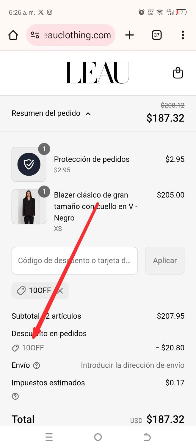 LEAU discount code screenshot showing code 10OFF applied at LEAU checkout page. Uploaded by SimplyCodes community member ADONAY on Jun 25, 2025