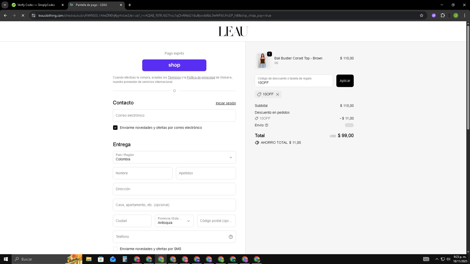 LEAU discount code screenshot showing code 10OFF applied at LEAU checkout page. Uploaded by SimplyCodes community member SAIKOO on Nov 19, 2025