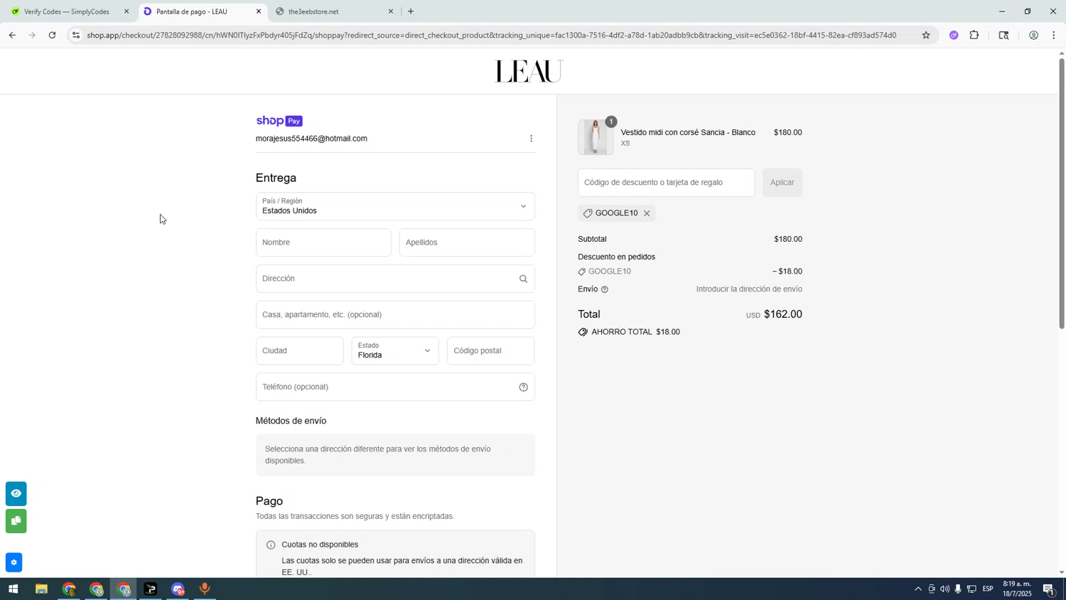 LEAU discount code screenshot showing code google10 applied at LEAU checkout page. Uploaded by SimplyCodes community member asdasdasd on Jul 18, 2025
