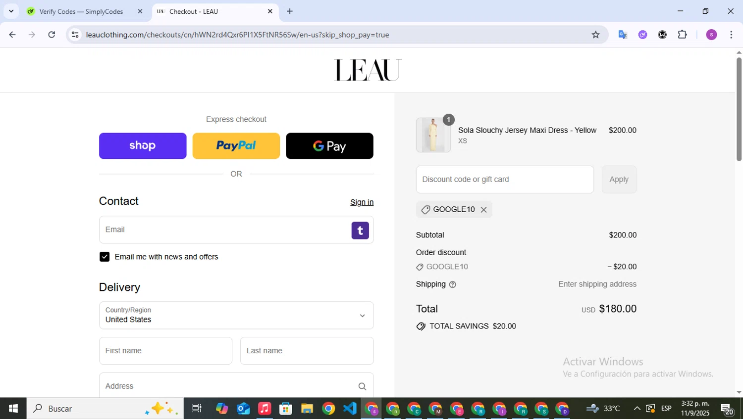 LEAU discount code screenshot showing code google10 applied at LEAU checkout page. Uploaded by SimplyCodes community member WonderPioneer5062 on Sep 11, 2025