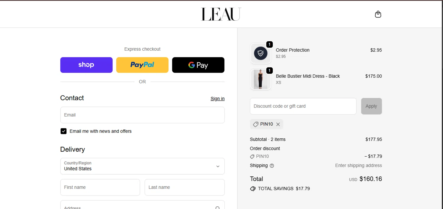 LEAU discount code screenshot showing code PIN10 applied at LEAU checkout page. Uploaded by SimplyCodes community member juanisaac on Dec 31, 2025