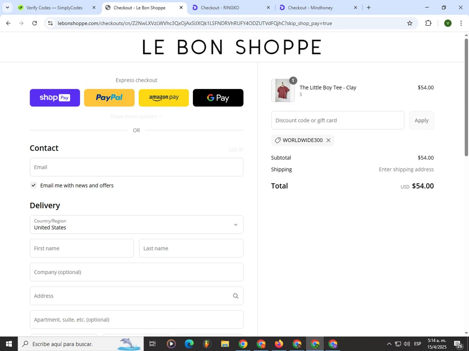 Le Bon Shoppe discount code screenshot showing code worldwide300 applied at Le Bon Shoppe checkout page. Uploaded by SimplyCodes community member PrimeWizard4168 on Apr 15, 2025