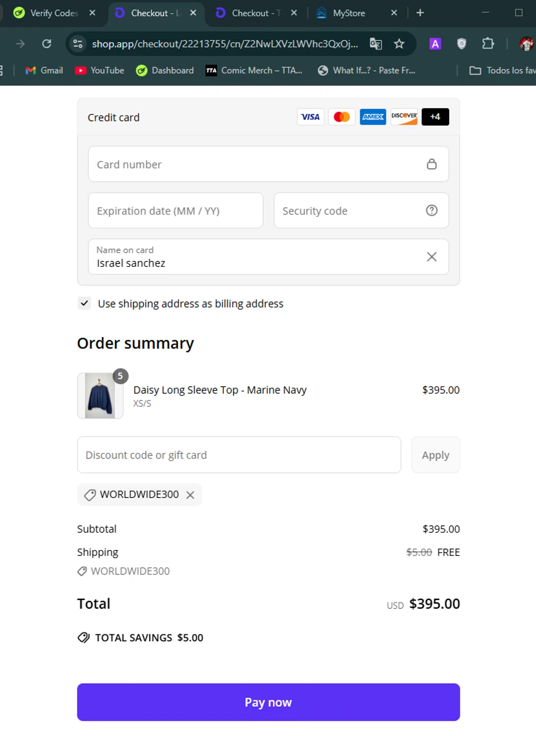 Le Bon Shoppe discount code screenshot showing code worldwide300 applied at Le Bon Shoppe checkout page. Uploaded by SimplyCodes community member avatar on Mar 19, 2025