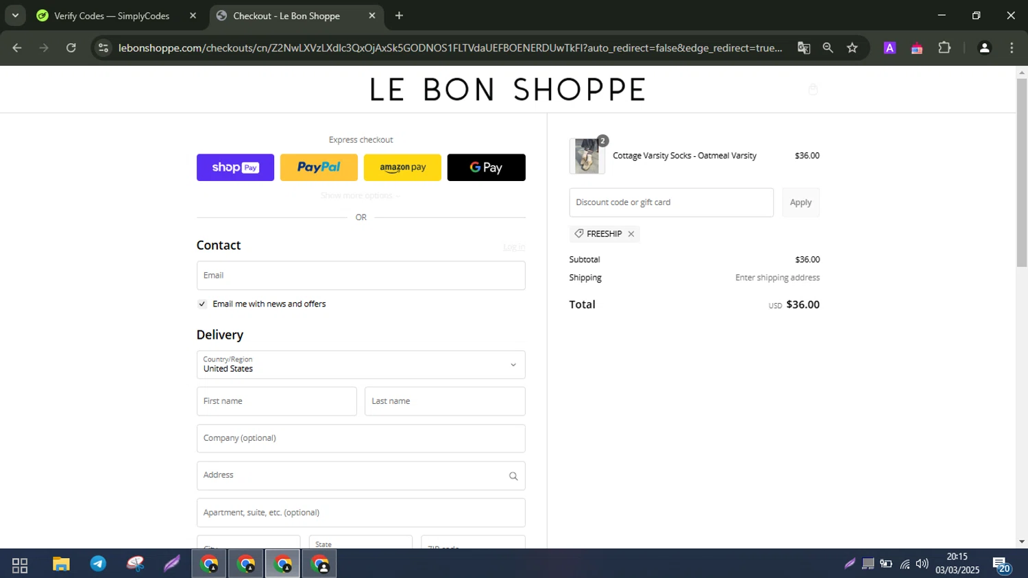 Le Bon Shoppe discount code screenshot showing code FREESHIP applied at Le Bon Shoppe checkout page. Uploaded by SimplyCodes community member AK_CIO on Mar 4, 2025