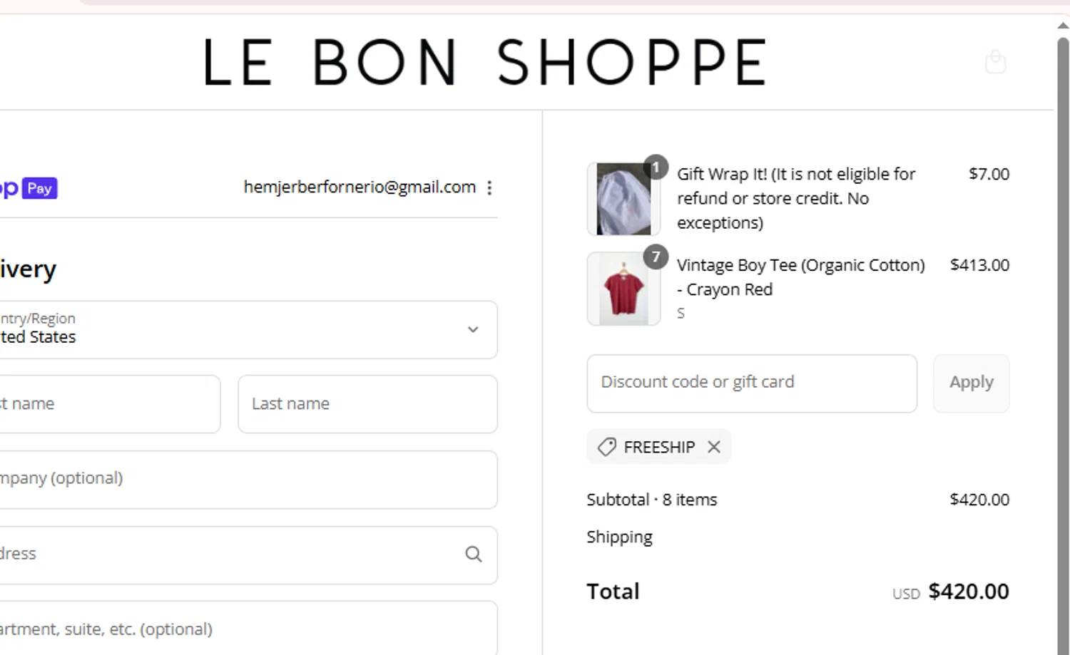 Le Bon Shoppe discount code screenshot showing code FREESHIP applied at Le Bon Shoppe checkout page. Uploaded by SimplyCodes community member Josemedina on Aug 4, 2025
