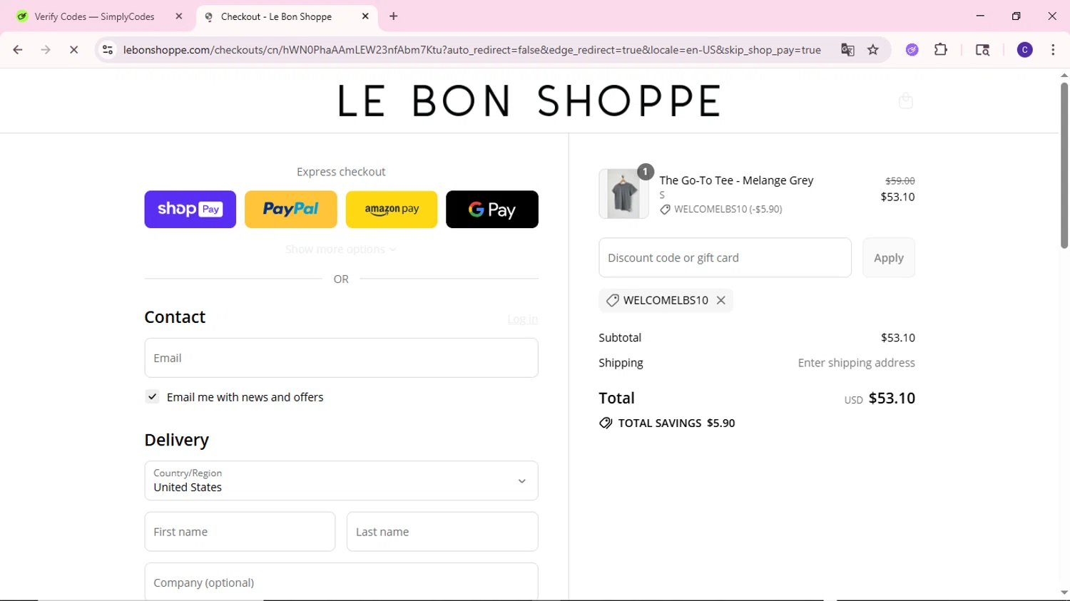 Le Bon Shoppe discount code screenshot showing code WELCOMELBS10 applied at Le Bon Shoppe checkout page. Uploaded by SimplyCodes community member MoneyWizard2699 on Jul 9, 2025