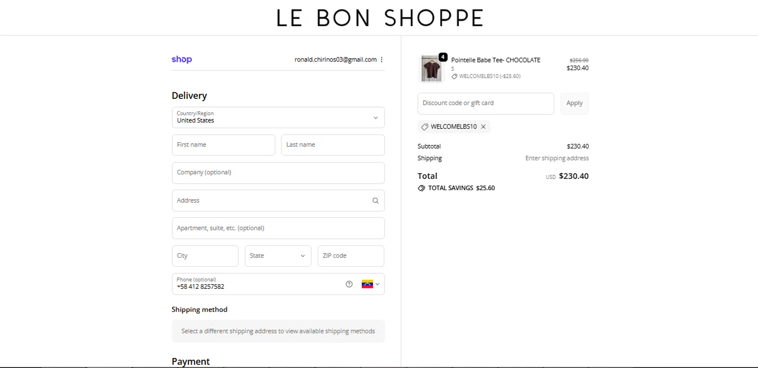 Le Bon Shoppe discount code screenshot showing code WELCOMELBS10 applied at Le Bon Shoppe checkout page. Uploaded by SimplyCodes community member Ronita_832988044 on Nov 13, 2025