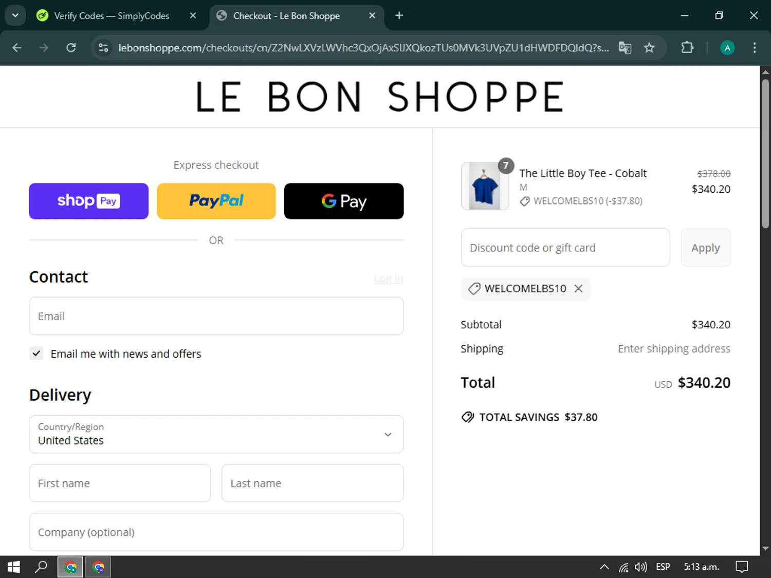 Le Bon Shoppe discount code screenshot showing code WELCOMELBS10 applied at Le Bon Shoppe checkout page. Uploaded by SimplyCodes community member brianoconner on Apr 15, 2025