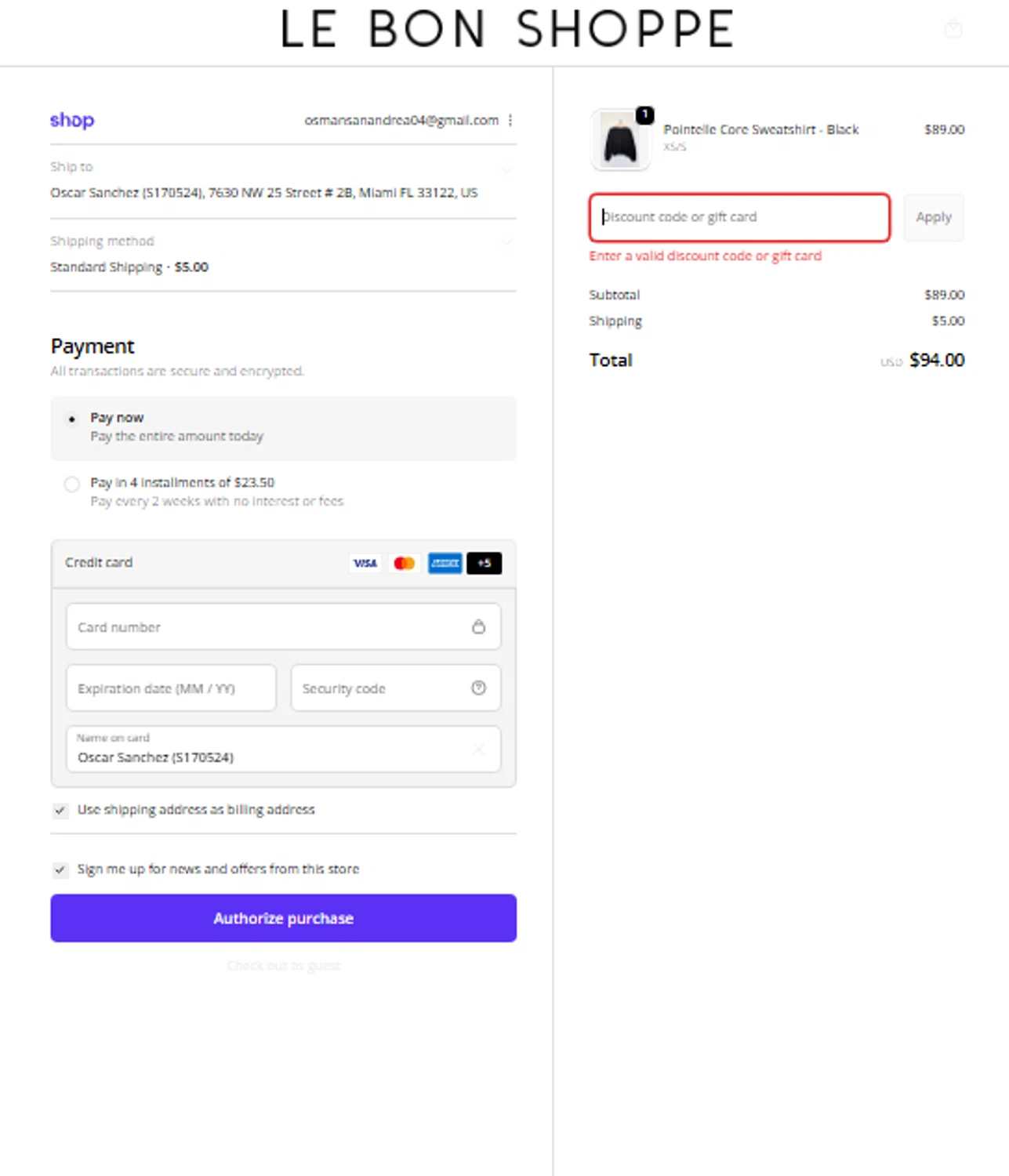 Le Bon Shoppe discount code screenshot showing code POINTELLE20 applied at Le Bon Shoppe checkout page. Uploaded by SimplyCodes community member ElonMusk on Dec 3, 2025
