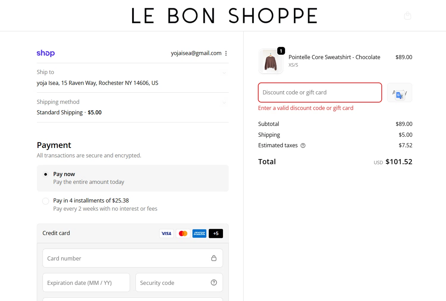 Le Bon Shoppe discount code screenshot showing code POINTELLE20 applied at Le Bon Shoppe checkout page. Uploaded by SimplyCodes community member josesanchez10 on Dec 3, 2025