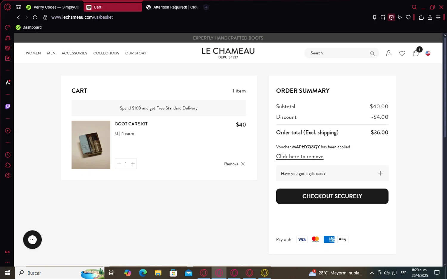 Le Chameau promo code screenshot showing code MAPHYQ8QY applied at Le Chameau checkout page. Uploaded by SimplyCodes community member CoinSaver6395 on Apr 26, 2025