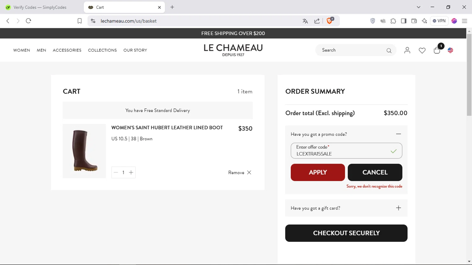 Le Chameau promo code screenshot showing code LCEXTRA15SALE applied at Le Chameau checkout page. Uploaded by SimplyCodes community member Samira on Jan 16, 2025