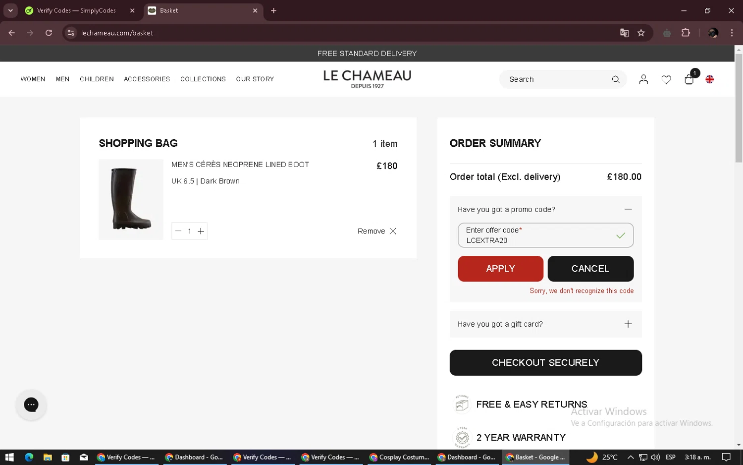 Le Chameau promo code screenshot showing code LCEXTRA20 applied at Le Chameau checkout page. Uploaded by SimplyCodes community member alexdaal on Jan 10, 2025