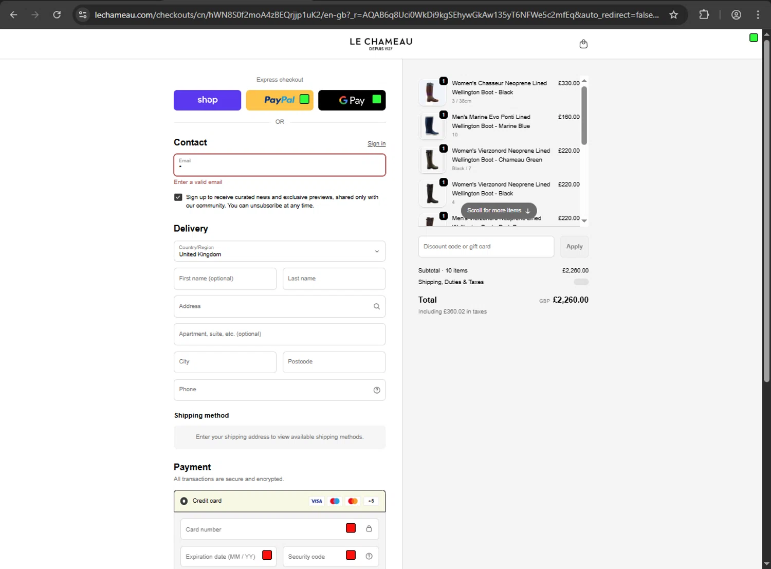 Le Chameau checkout page showing Le Chameau promo code box | Screenshot taken by SimplyCodes community member on Feb 5, 2026