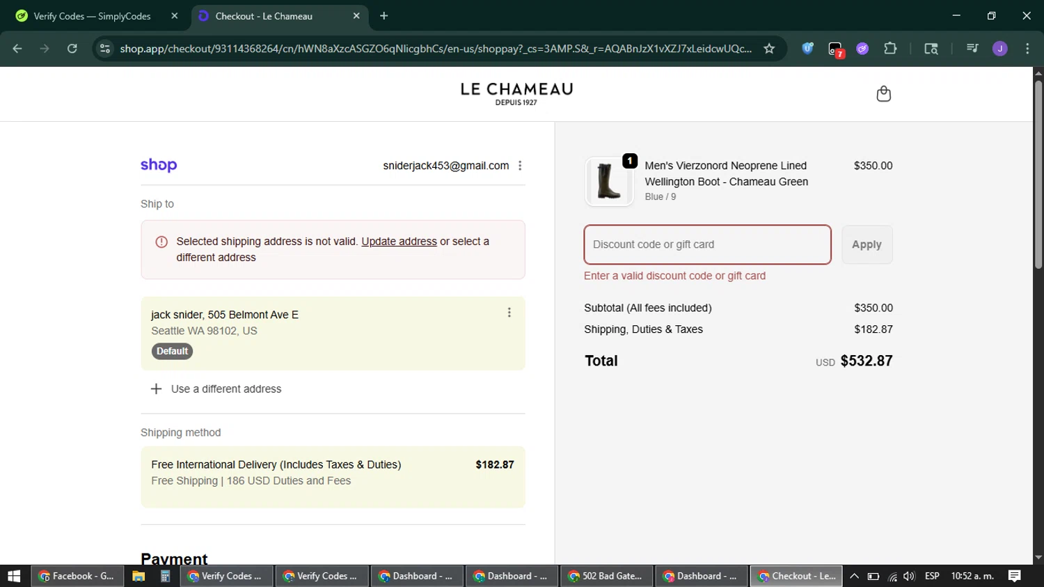 Le Chameau promo code screenshot showing code E267YP applied at Le Chameau checkout page. Uploaded by SimplyCodes community member sniderjack453 on Feb 9, 2026