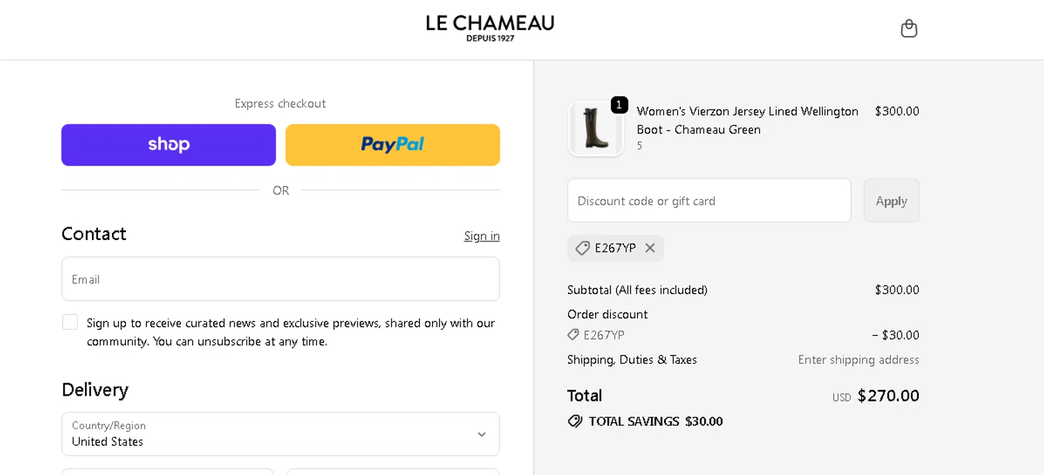 Le Chameau promo code screenshot showing code E267YP applied at Le Chameau checkout page. Uploaded by SimplyCodes community member OnlywM on Oct 24, 2025