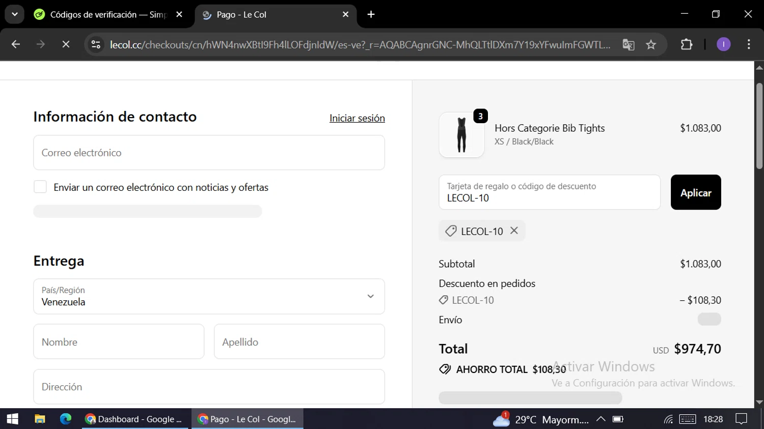 Le Col discount code screenshot showing code LECOL-10 applied at Le Col checkout page. Uploaded by SimplyCodes community member AGP44456545 on Nov 1, 2025