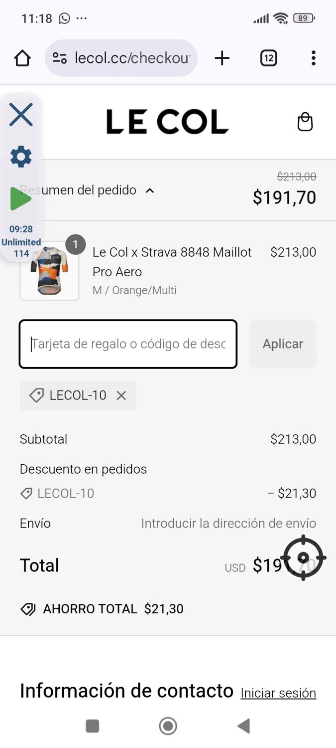 Le Col discount code screenshot showing code LECOL-10 applied at Le Col checkout page. Uploaded by SimplyCodes community member VictoriousPilot5369 on Jan 18, 2025