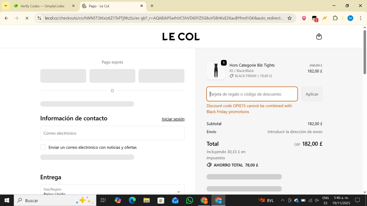 Le Col discount code screenshot showing code OPIE15 applied at Le Col checkout page. Uploaded by SimplyCodes community member LegendaryAce4371 on Nov 19, 2025