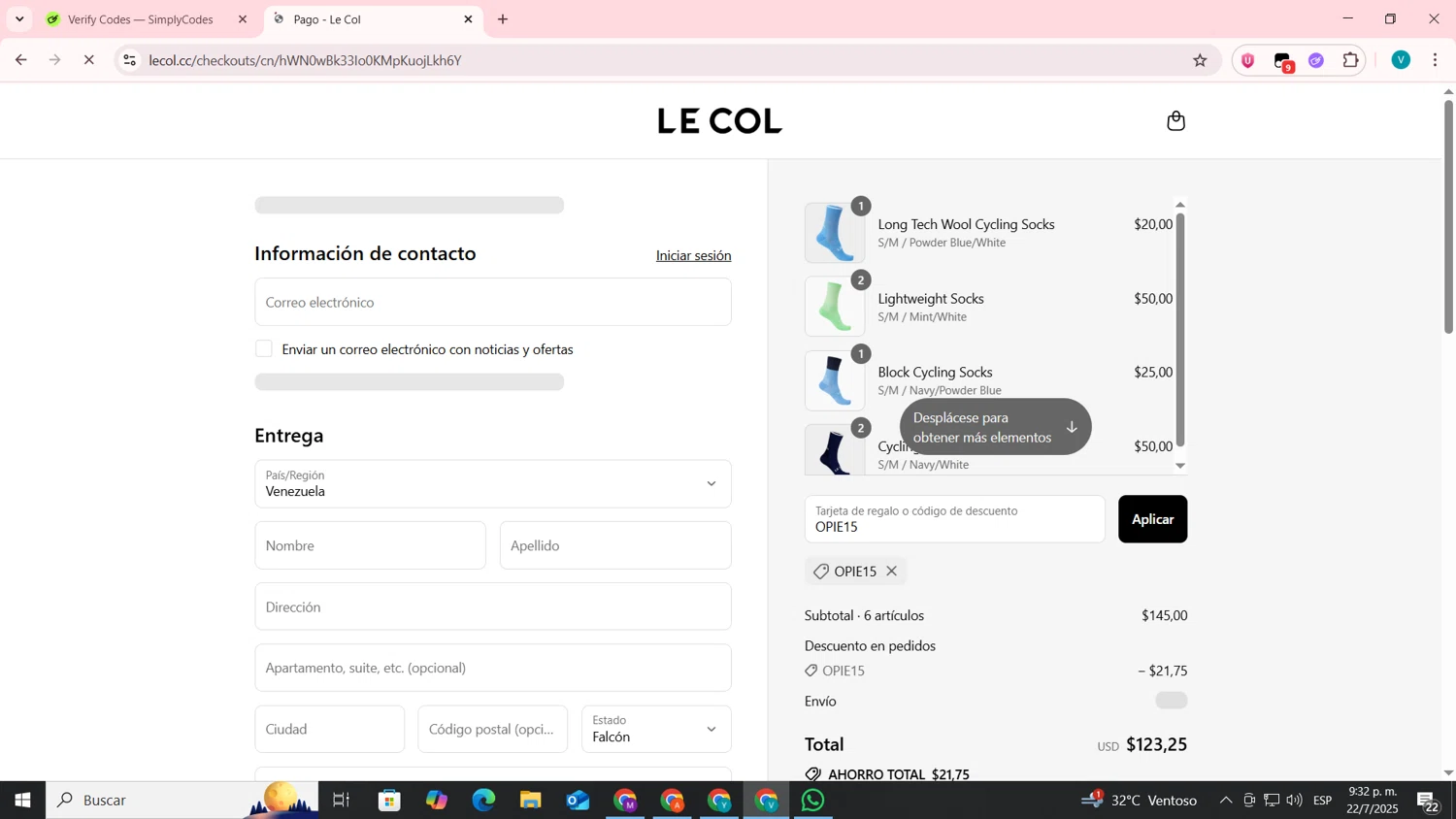 Le Col discount code screenshot showing code OPIE15 applied at Le Col checkout page. Uploaded by SimplyCodes community member lyffytaro on Jul 23, 2025
