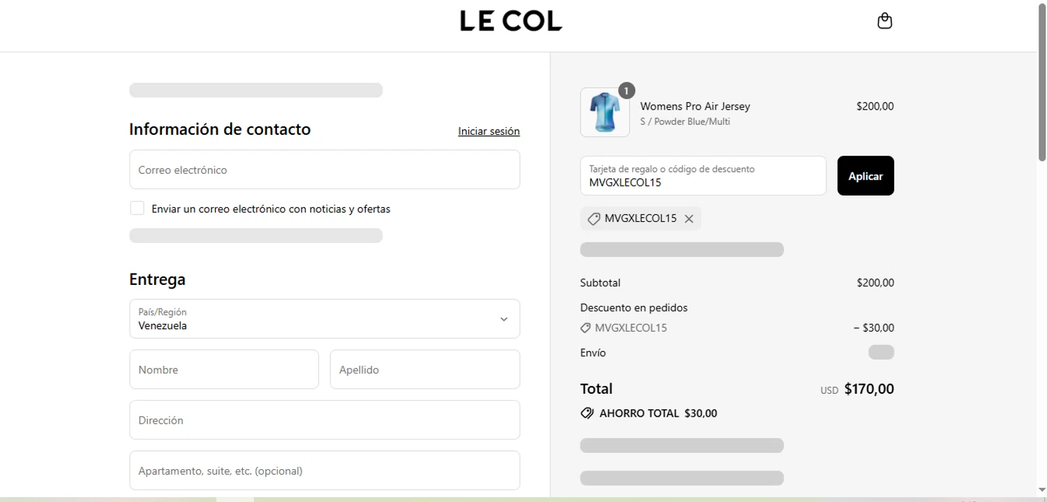 Le Col discount code screenshot showing code MVGXLECOL15 applied at Le Col checkout page. Uploaded by SimplyCodes community member BrilliantFalcon6936 on Jul 14, 2025