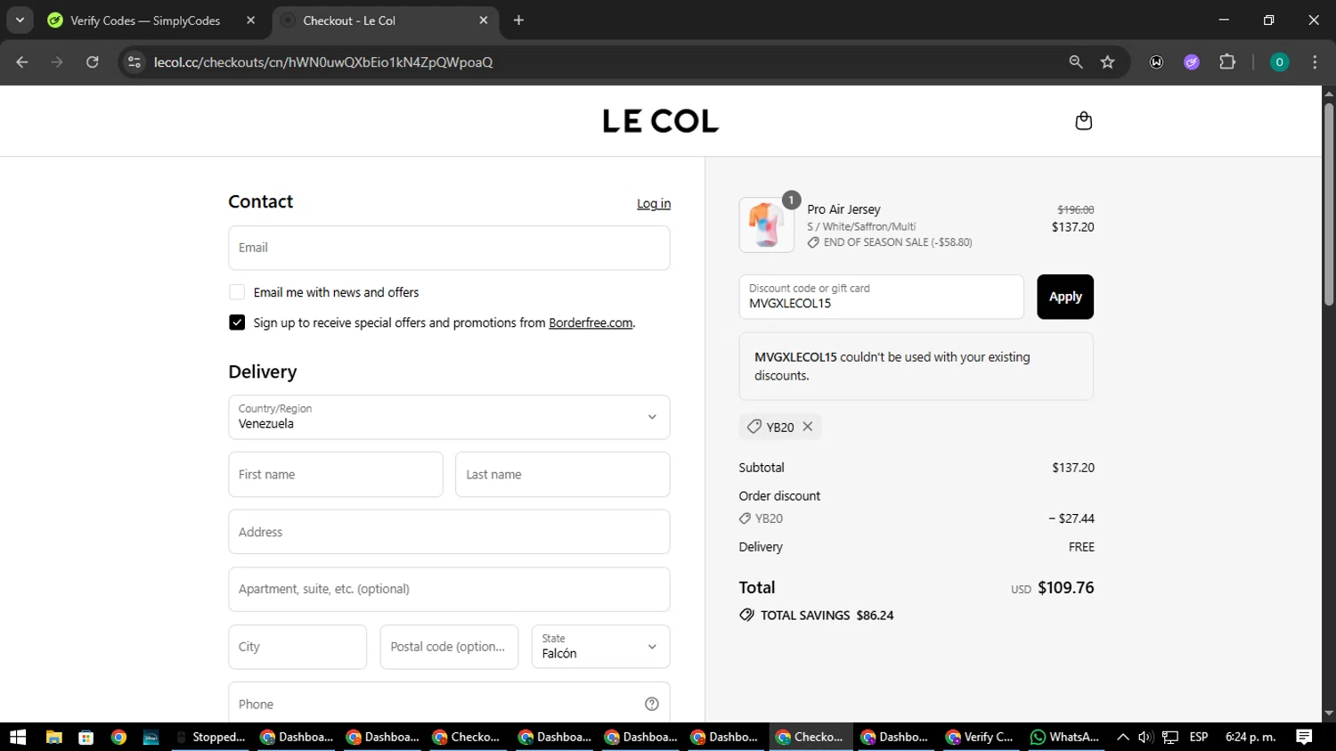 Le Col discount code screenshot showing code MVGXLECOL15 applied at Le Col checkout page. Uploaded by SimplyCodes community member LuckyDefender9428 on Aug 4, 2025
