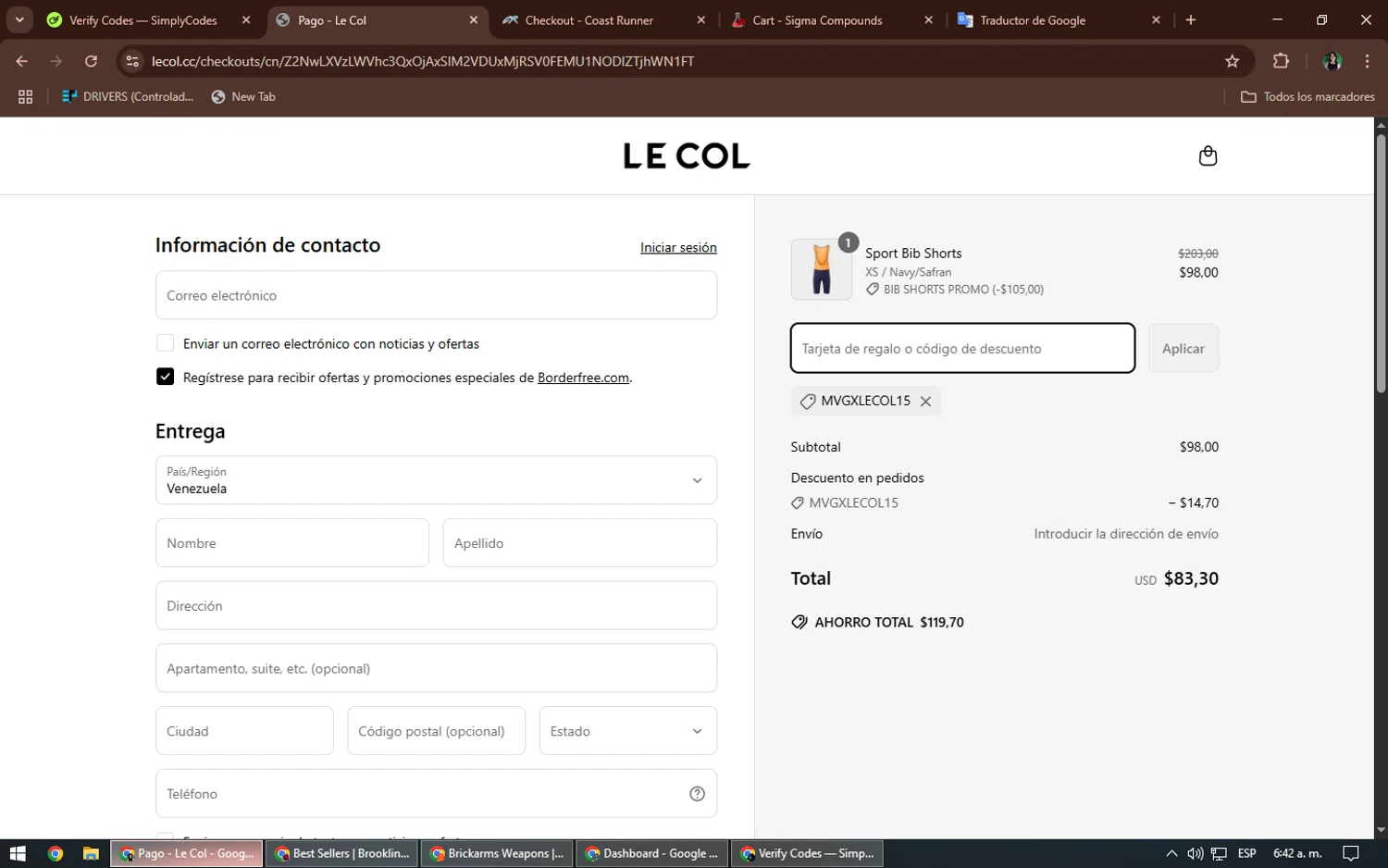 Le Col discount code screenshot showing code MVGXLECOL15 applied at Le Col checkout page. Uploaded by SimplyCodes community member TheWizard on Apr 19, 2025