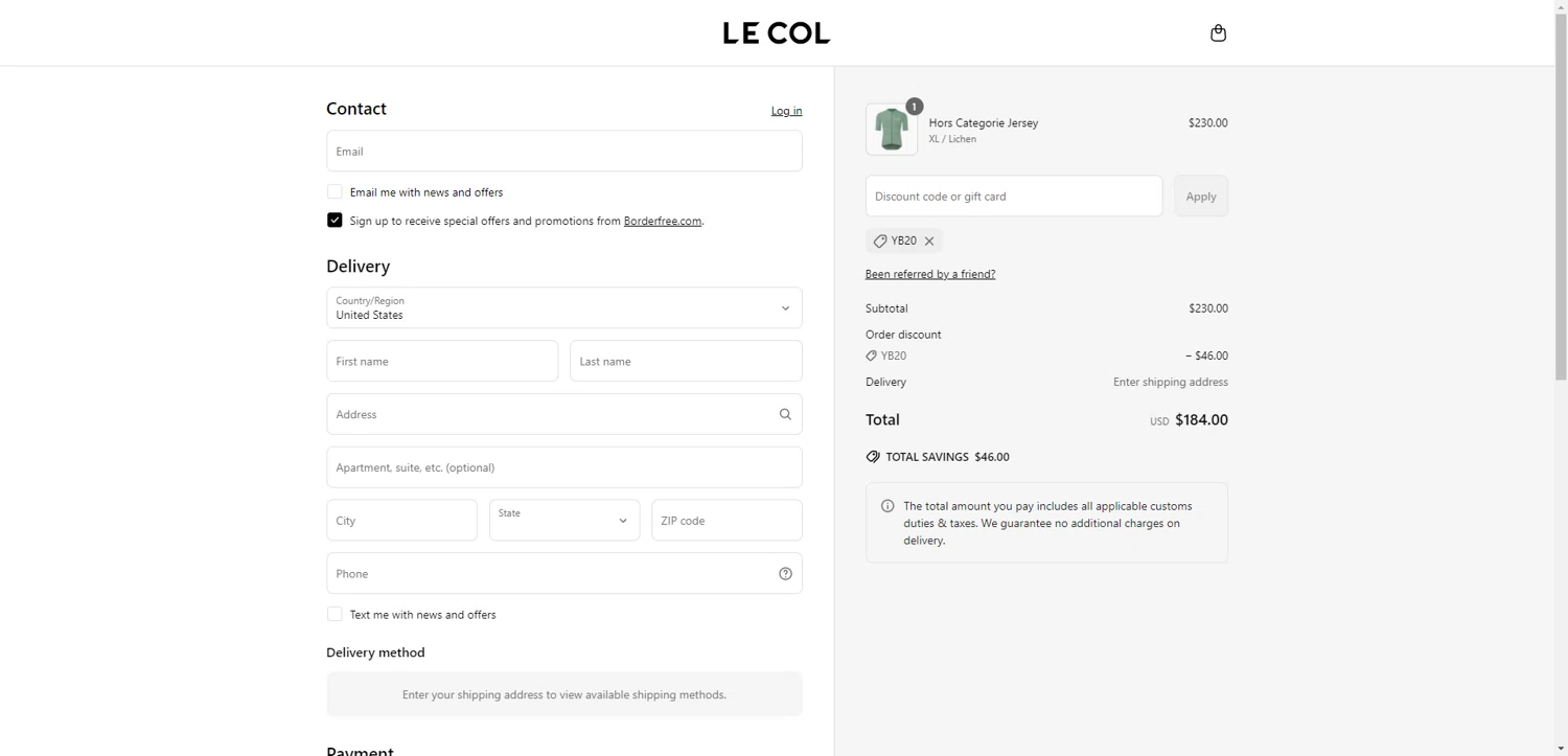 Le Col discount code screenshot showing code YB20 applied at Le Col checkout page. Uploaded by SimplyCodes community member CashSentinel5495 on May 22, 2025