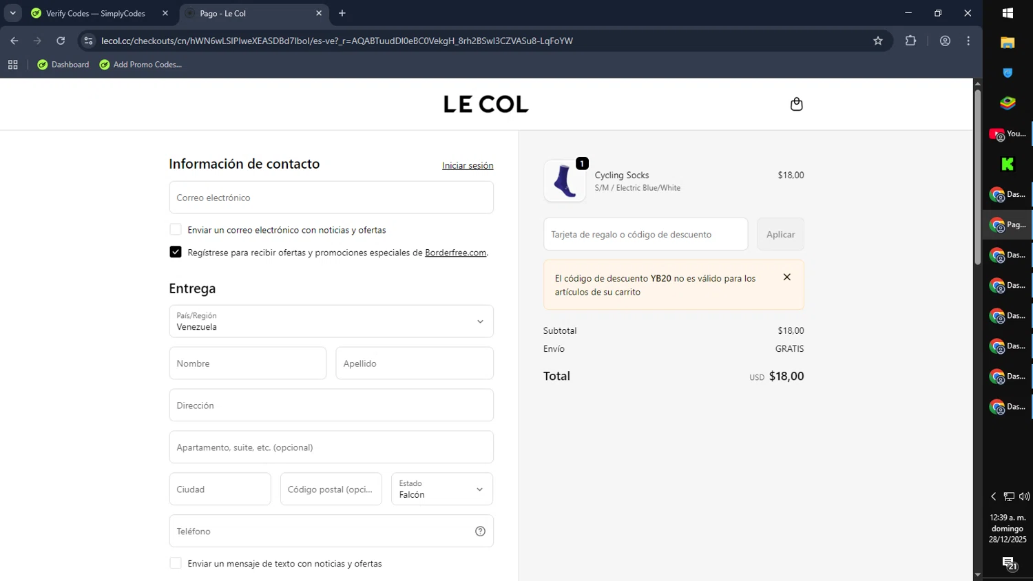 Le Col discount code screenshot showing code YB20 applied at Le Col checkout page. Uploaded by SimplyCodes community member RebateCaptain6440 on Dec 28, 2025