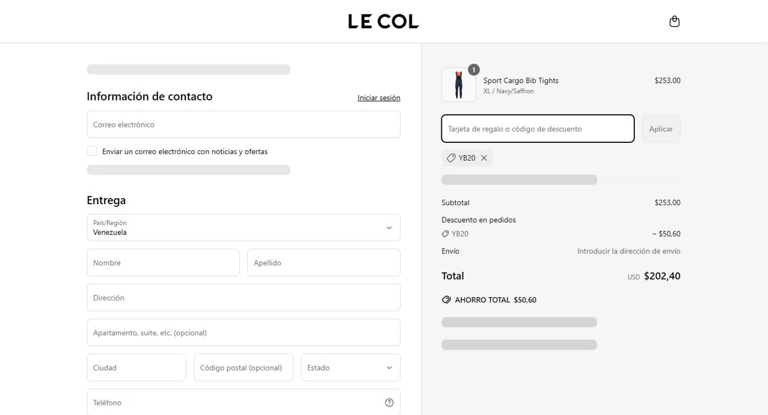 Le Col discount code screenshot showing code YB20 applied at Le Col checkout page. Uploaded by SimplyCodes community member VictoriousSpotter2855 on Mar 29, 2025