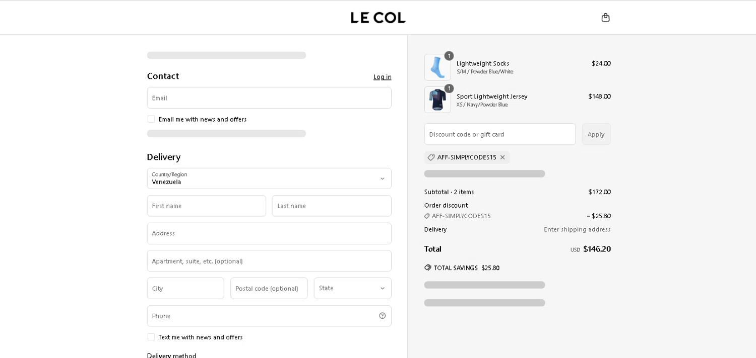 Le Col discount code screenshot showing code AFF-SIMPLYCODES15 applied at Le Col checkout page. Uploaded by SimplyCodes community member MoneyHunter5624 on Apr 26, 2025