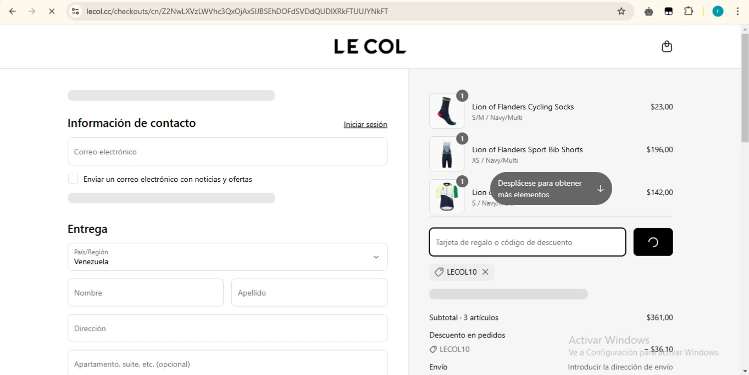 Le Col discount code screenshot showing code lecol10 applied at Le Col checkout page. Uploaded by SimplyCodes community member LAZURDINHA on Apr 8, 2025